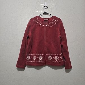 Croft & Barrow Red Snowflake Fleece Jacket Womens L Christmas Holiday Full Zip